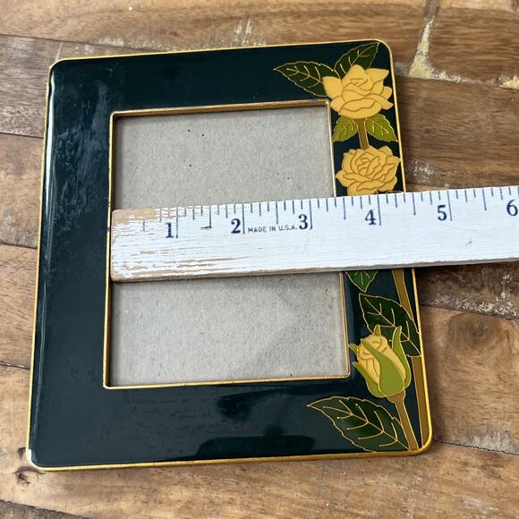 Vintage MCM Enamel Photo Frame Dark Green Yellow Roses With Gold Border Retro - Picture 4 of 12